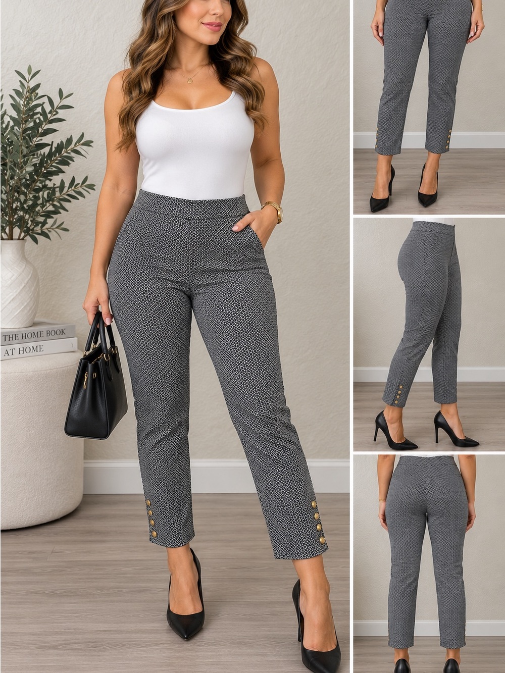 Liz Claiborne Black & White Microprint Ankle Pants with Gold Buttons